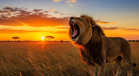 Lion in the savannah at sunset, Maasai Mara National Park, Kenyaの素材