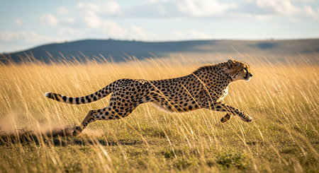 Cheetah running in grass in Masai Mara National Park, Kenyaの素材