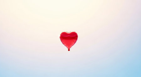 Red heart shaped balloon floating in the blue sky. Valentine's day concept.の素材