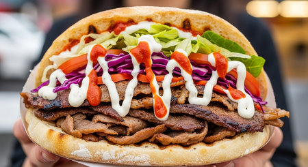 Doner kebab in the hands of a man close upの素材