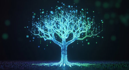 3D rendering of a digital tree made of binary code on a dark backgroundの素材