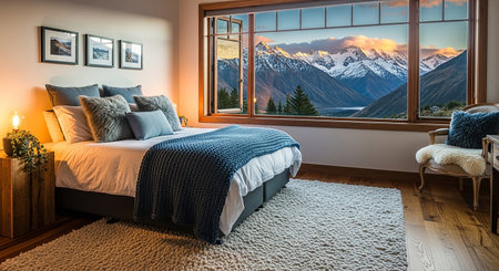 Luxury bedroom interior with window and mountain view. Northwest, USAの素材