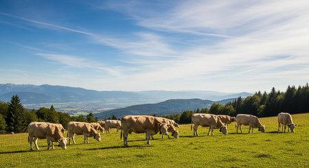 cows grazing on a meadow in the Carpathian mountainsの素材