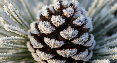 Pine cone covered with hoarfrost, close-up.の素材