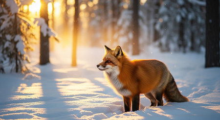 Red fox in winter forest at sunset. Beautiful wild animal in nature.の素材