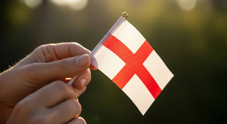 Flag of England in woman's hand on sunset background. Close-upの素材