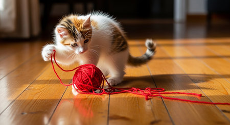 Cute kitten playing with a ball of yarn on a wooden floorの素材