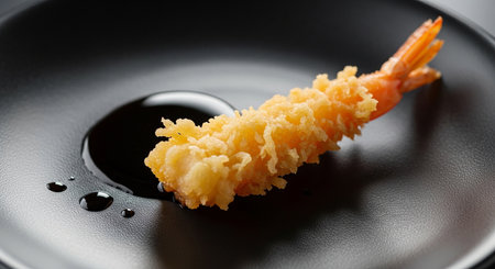 Japanese Cuisine - Tempura Shrimps on Black Plate.の素材