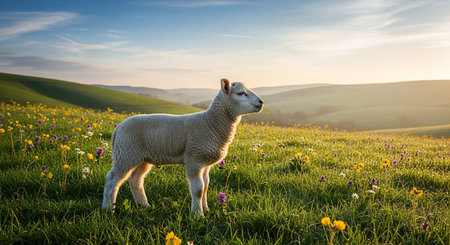 Lamb on a meadow in Tuscany, Italy.の素材