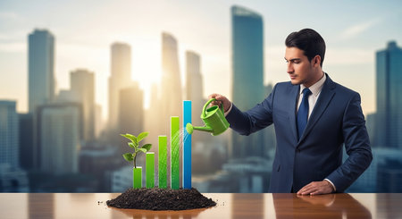 Businessman watering a green plant growing out of soil with cityscape backgroundの素材