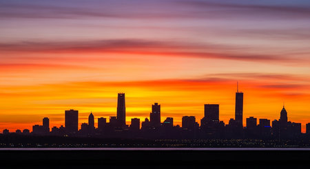 Chicago skyline at sunset with skyscrapers silhouette over lake Michigan.の素材