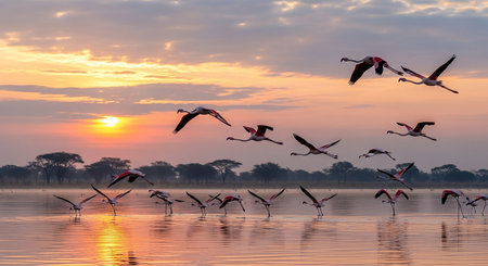 Flamingos in the lake at sunrise, Chobe National Park, Botswanaの素材