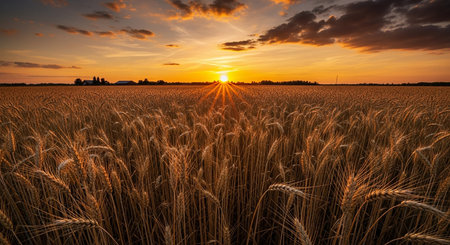 Sunset over a wheat field with ears of golden wheat ready for harvestの素材