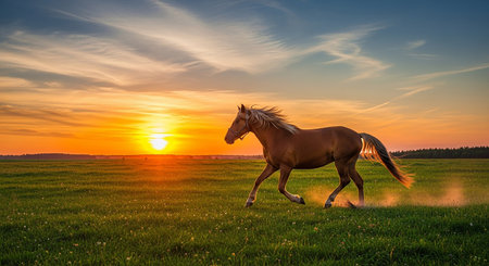 Horse running on green meadow at sunset. Beautiful summer landscapeの素材