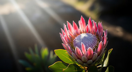 Beautiful pink protea flower with sunlight in the morning, stock photoの素材