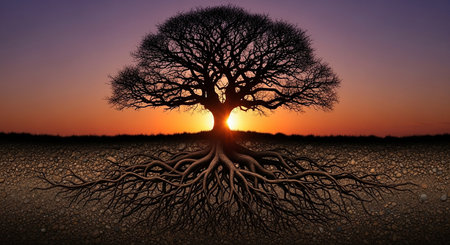 Tree with roots at sunset. 3D render. Raster illustration.の素材