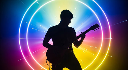 Silhouette of a man playing the electric guitar on colorful backgroundの素材