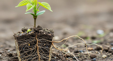 Young green seedling growing from seed in the ground, ecology conceptの素材