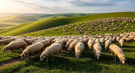 Flock of sheep on green meadow in Tuscany, Italyの素材