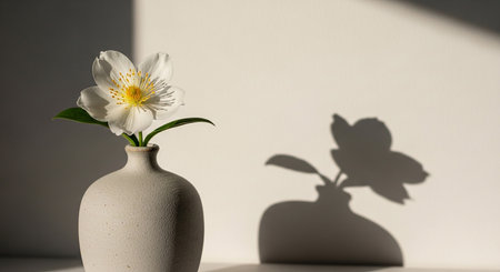 White jasmine flower in vase with shadow on wall.の素材