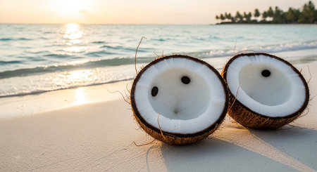 coconut with happy face on the beach at sunset time.の素材