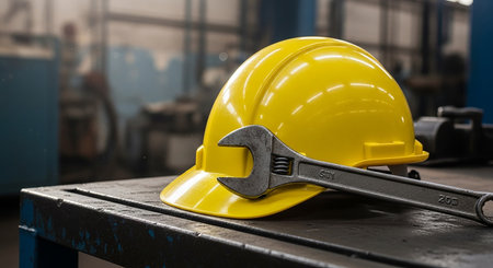 Yellow safety helmet and wrench on a workbench in a factory.の素材