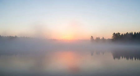 Foggy sunrise on the lake. Landscape with a misty lake.の素材