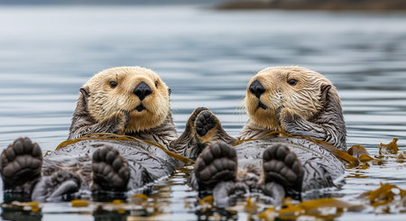sea otters swimming in the water, close-up portrait.の素材