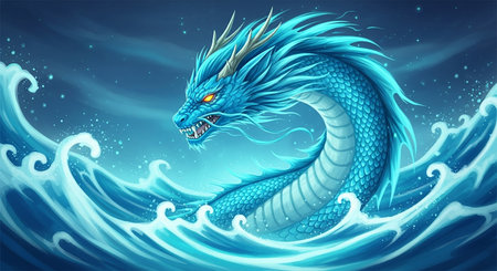 Dragon in the sea. Vector illustration of a blue dragon in the sea.の素材