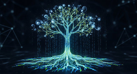 Digital tree with binary code on dark background. Artificial intelligence concept. 3D Renderingの素材
