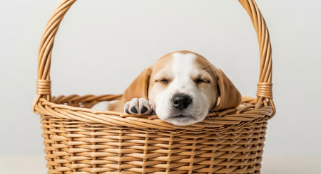 Beagle puppy sleeping in a wicker basket on a white backgroundの素材