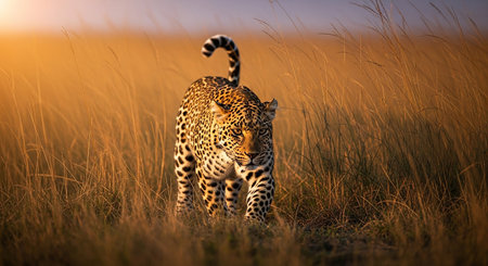 Leopard in the savannah at sunset, Masai Mara National Park, Kenyaの素材