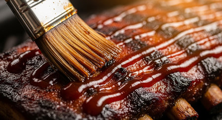 Close-up of a barbecued pork ribs with a brushの素材