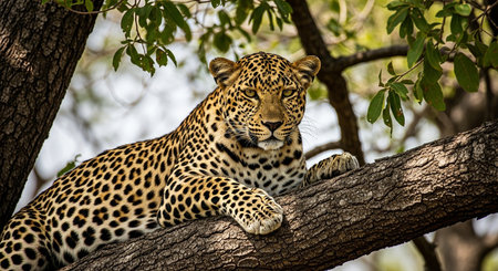 Leopard lying on a tree in the Okavango Delta, Botswana.の素材