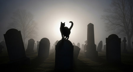 Silhouette of a cat standing on a gravestone in a foggy graveyardの素材