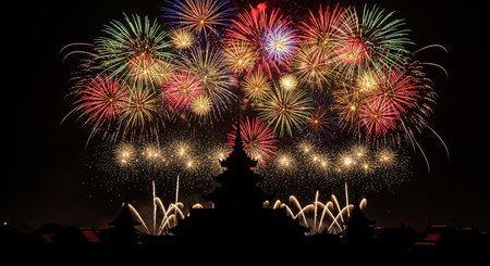 Colorful Fireworks at Phra Nakhon Khiri Historical Park, Phetchaburi, Thailandの素材