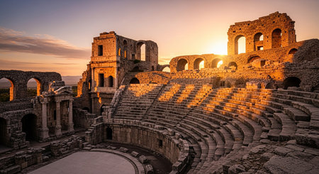 Ruins of Ancient Roman theatre in Pula, Croatia at sunsetの素材