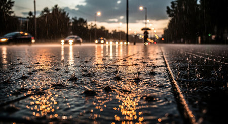 Rain drops on the pavement. Rain drops on the wet asphalt.の素材