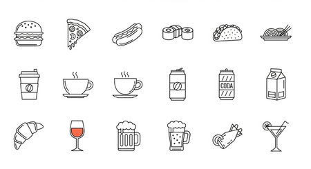 Set of food and drink icons in line style. Vector illustration.の素材