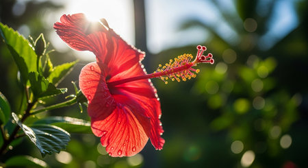 Red hibiscus flower in the garden with bokeh backgroundの素材