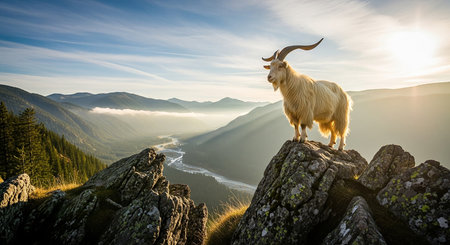 Goat on top of the mountain at sunrise. Beautiful mountain landscape.の素材