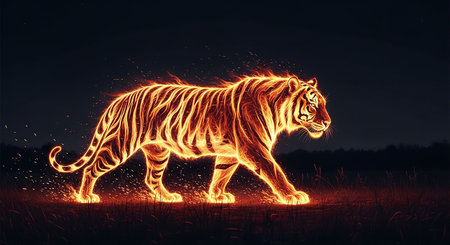 Tiger glowing in the dark. Illustration of wild animal.の素材