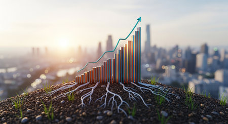 Growing business graph with green sprout in the city. 3D renderingの素材