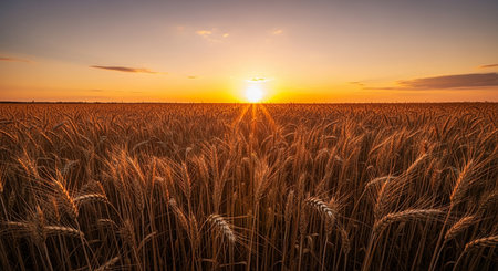 Sunset or sunrise in a wheat field with ears in the foregroundの素材