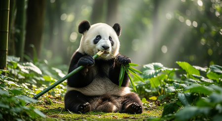 Giant panda eating bamboo in the bamboo forest, Chengdu, Chinaの素材