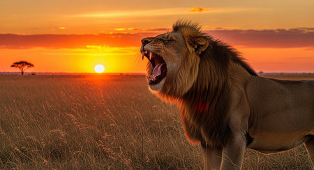 Lion yawning at sunset in Masai Mara National Park, Kenyaの素材