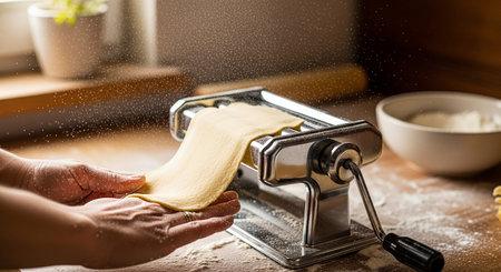 Woman's hands kneading dough with a pasta machine in the kitchenの素材