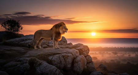 Lion on the top of a mountain at sunrise, South Africaの素材