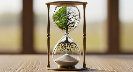 Hourglass with green tree inside, conceptual image of time passing byの素材
