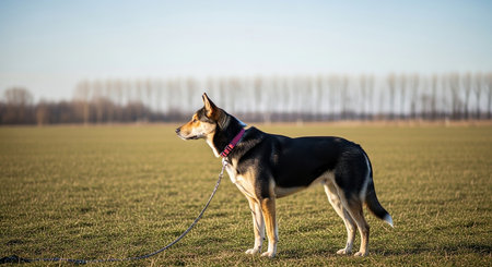 German shepherd dog standing on a leash in the field. Selective focus.の素材